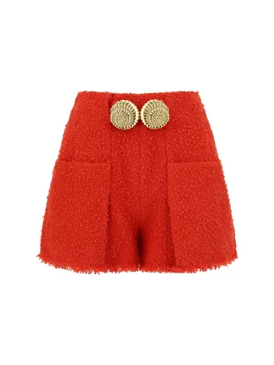 Balmain 2 Pkts Btn Escargot Belted Tweed Shorts In Rouge