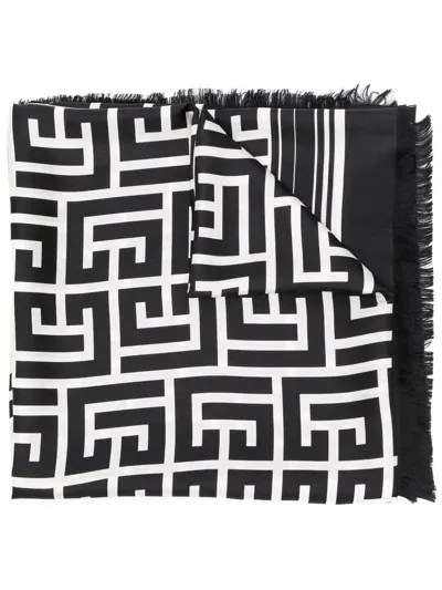 Balmain All-over Logo-print Scarf In Black