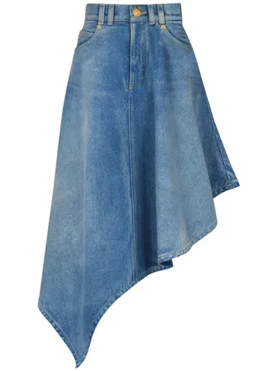 Balmain Asymmetric Denim Skirt In Blue