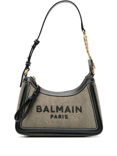 Balmain B-army Shoulder Bag In Cotton With Logo In Green