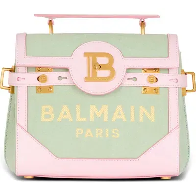 Balmain B-buzz 23 Canvas & Leather Top Handle Bag In Ujr Pale Green/multi