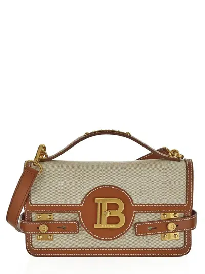 Balmain B-buzz 24 Canvas And Leather Bag In Beige