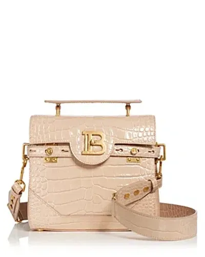 Balmain B-buzz Croc Embossed Leather Crossbody Bag In 米色