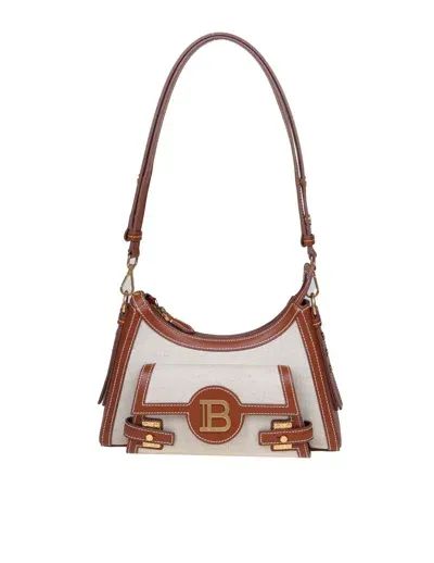 Balmain B-buzz Hobo Bag In Canvas And Leather In Natural