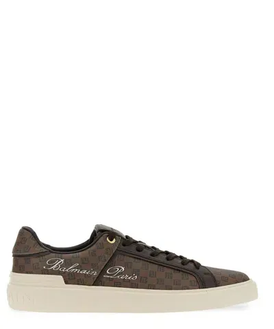 Balmain B-court Sneakers In Monogram Leather In Brown