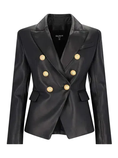 Balmain Six Button Leather Jacket In Black