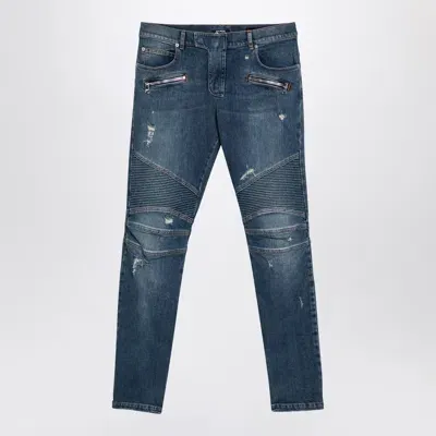 Balmain Denim Biker Jeans In Blue