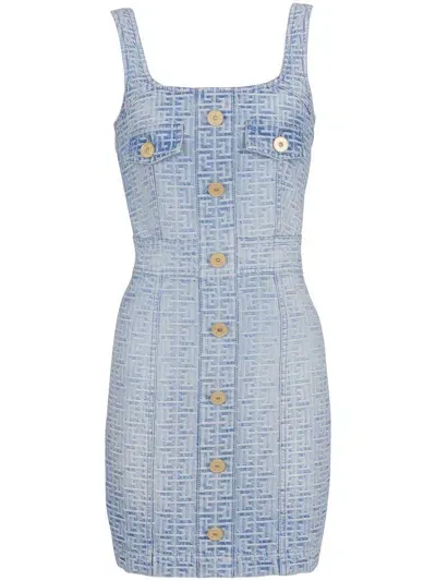 Balmain All-over Monogram Dress In 6ff Bleu Jean