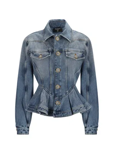 Balmain Buttoned Light Blue Ruffled Denim Jacket