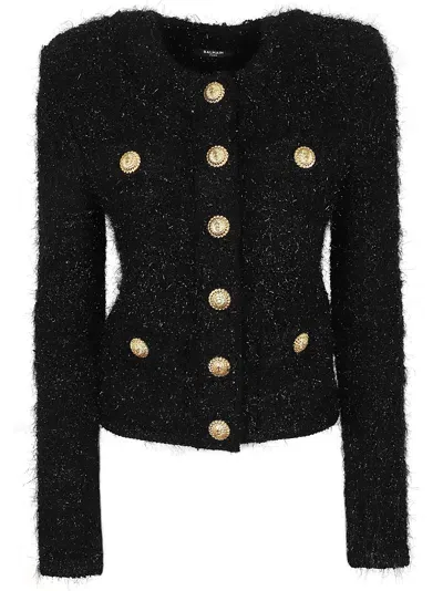 Balmain Buttoned Maze Mng Tweed Jacket In Black