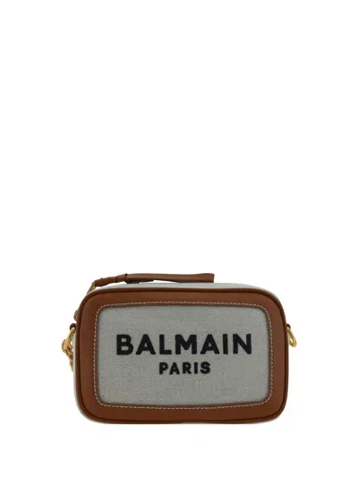 Balmain Shoulder Bag In Canvas And Leather In Naturel/marron