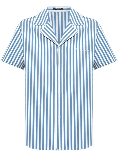 Balmain Striped Cotton Shirt In Light Blue