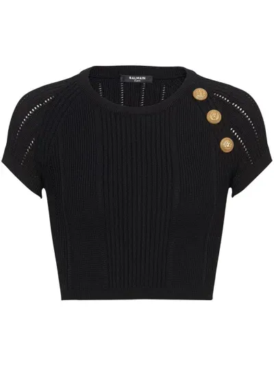 Balmain Women's Knitted Crop Top Gold Buttons, Sustainable Materials In Black