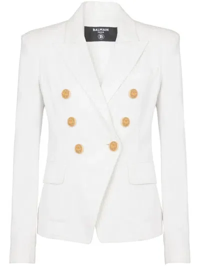 Balmain Double-breasted Cotton Blazer In White