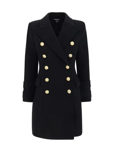 Balmain Double Breasted Logo Button Coat In Black