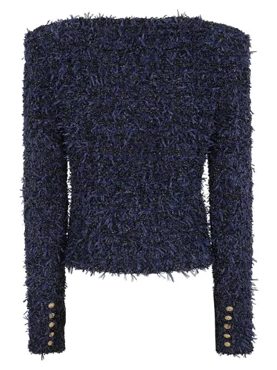 Balmain Collarless 4 Pkts Tweed Crop Jacket In Bo Bleu Nuit