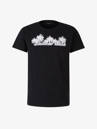 Balmain Cotton Logo T-shirt In Palm Tree Motif