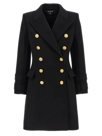 Balmain Double-breasted Coat With Logo Buttons Coats, Trench Coats Black