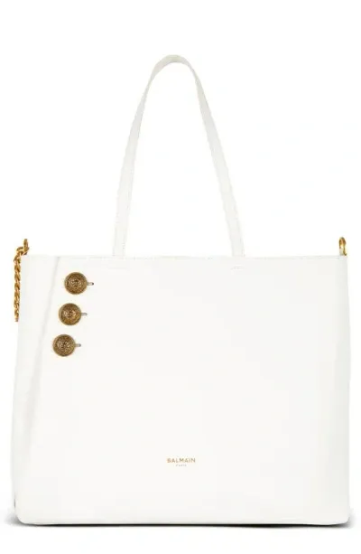 Balmain Emblem Leather Tote Bag In White