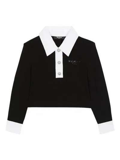 Balmain Kids' Contrasting-collar Polo Sweatshirt In Black