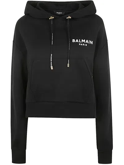 Balmain Flock Detail Cropped Hoodie In Black