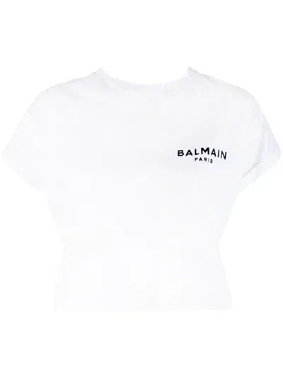 Balmain Flocked-logo Cropped T-shirt In White