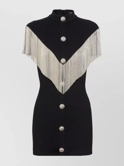 Balmain Short-sleeve Fringed Jersey Mini Dress In Black