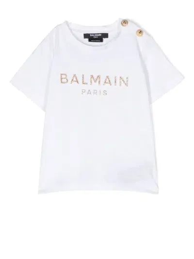 Balmain Babies' Glitter-logo Cotton T-shirt In 白色