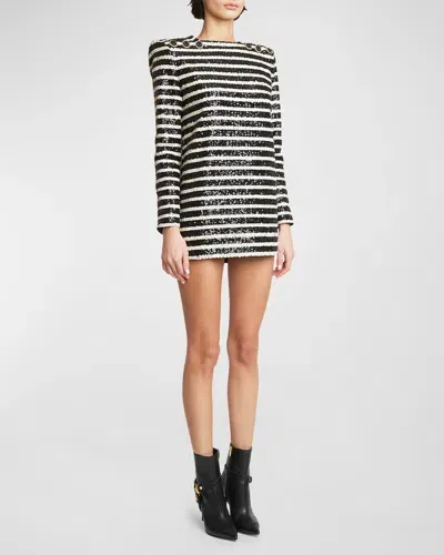 Balmain Glittered Stripe Mini Dress With Button Details In Blk White