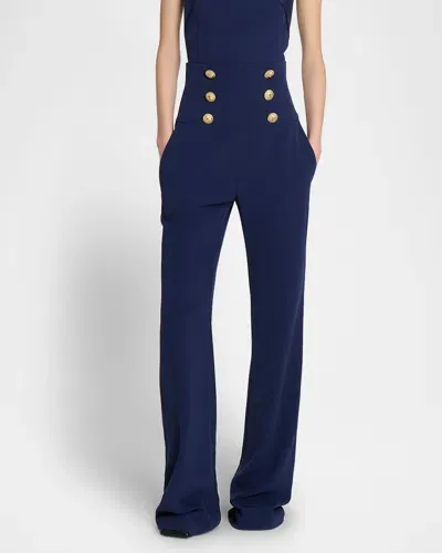 Balmain High-rise Buttoned Wide-leg Crepe Pants In Midnightblue