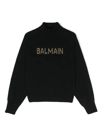 Balmain Kids' Intarsia-knit Logo Sweater In Black