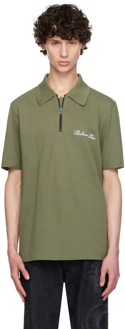 Balmain Khaki Half-zip Polo In Ukb Kaki Clair/blan