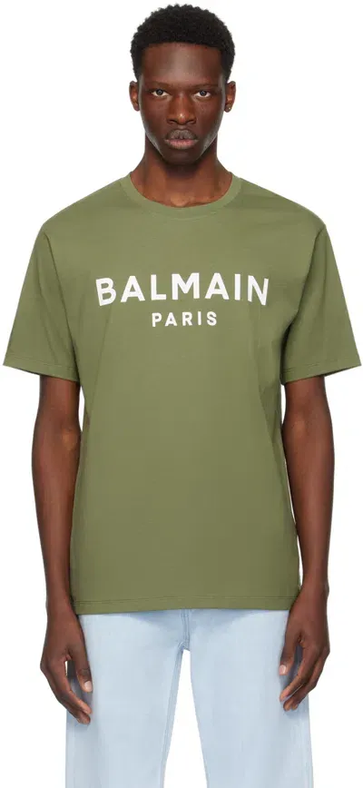 Balmain Khaki Paris Print T-shirt In Uhb Kaki/blanc