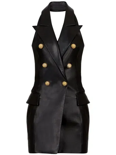 Balmain Leather Halterneck Dress In Black