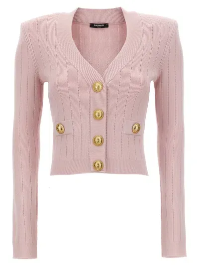 Balmain Logo Button Cropped Cardigan Sweater, Cardigans Pink In Nude & Neutrals