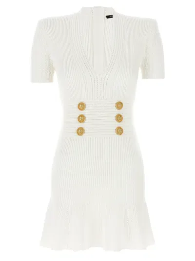 Balmain Logo Button Dress In White