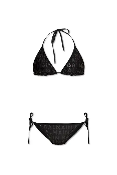 Balmain Logo Embellished Two Piece Swimsuit In Black