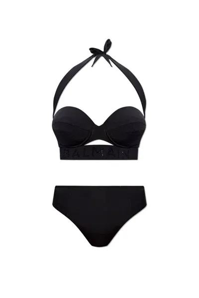 Balmain Logo Embellished Two Piece Swimsuit In Black