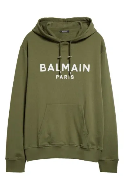 Balmain Logo Hoodie In Uio Kaki/blanc