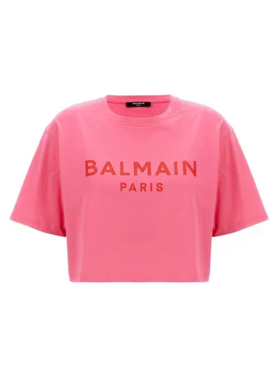 Balmain Logo Print Cropped T-shirt In Multicolour