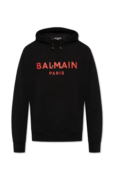 Balmain Logo Printed Drawstring Hoodie In Black