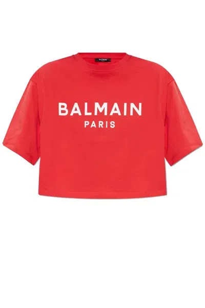 Balmain Logo Printed Round Neck T In Red