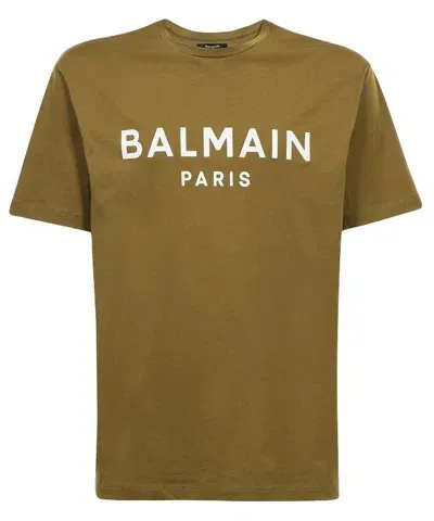 Balmain Logo Printed T-shirt In Khaki,white