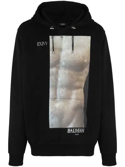 Balmain Men's Statue Printed Hoodie In Black