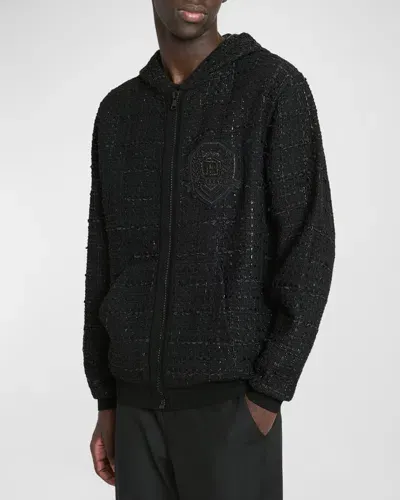 Balmain Men's Tweed Zip Hoodie With Embroidered Badge In Black