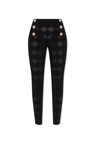 Balmain Mid Rise Open Knit Leggings In Black