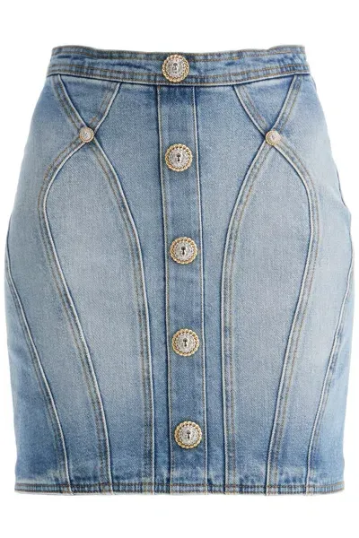 Balmain Chic Denim Mini Skirt With Embellished Lion Buttons In Blue