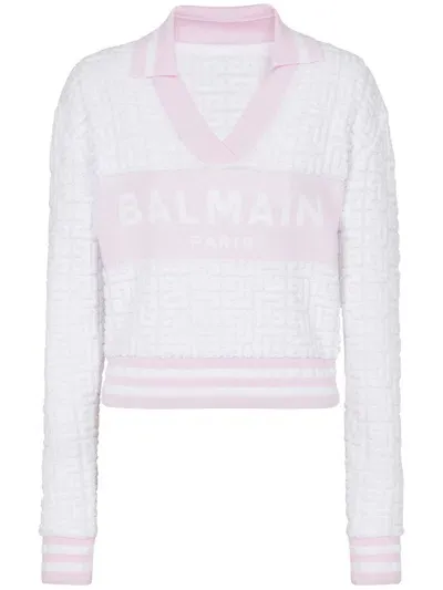 Balmain Pb Monogram-jacquard Polo Shirt In White