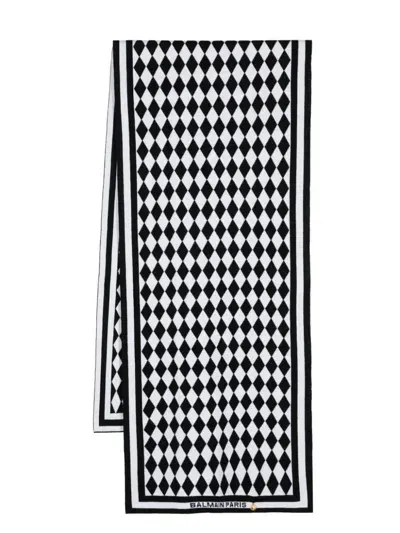 Balmain Monogram-pattern Merino Scarf In Black