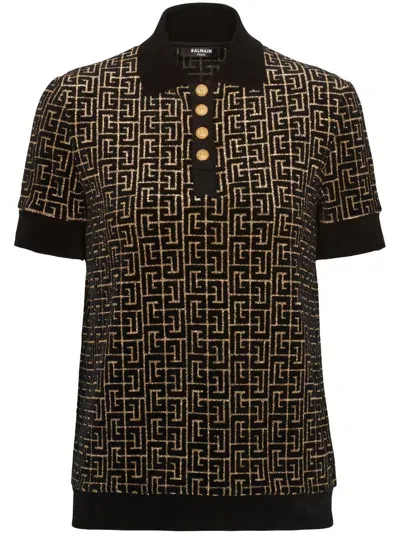 Balmain Monogram-print Buttoned Polo Shirt In Iac